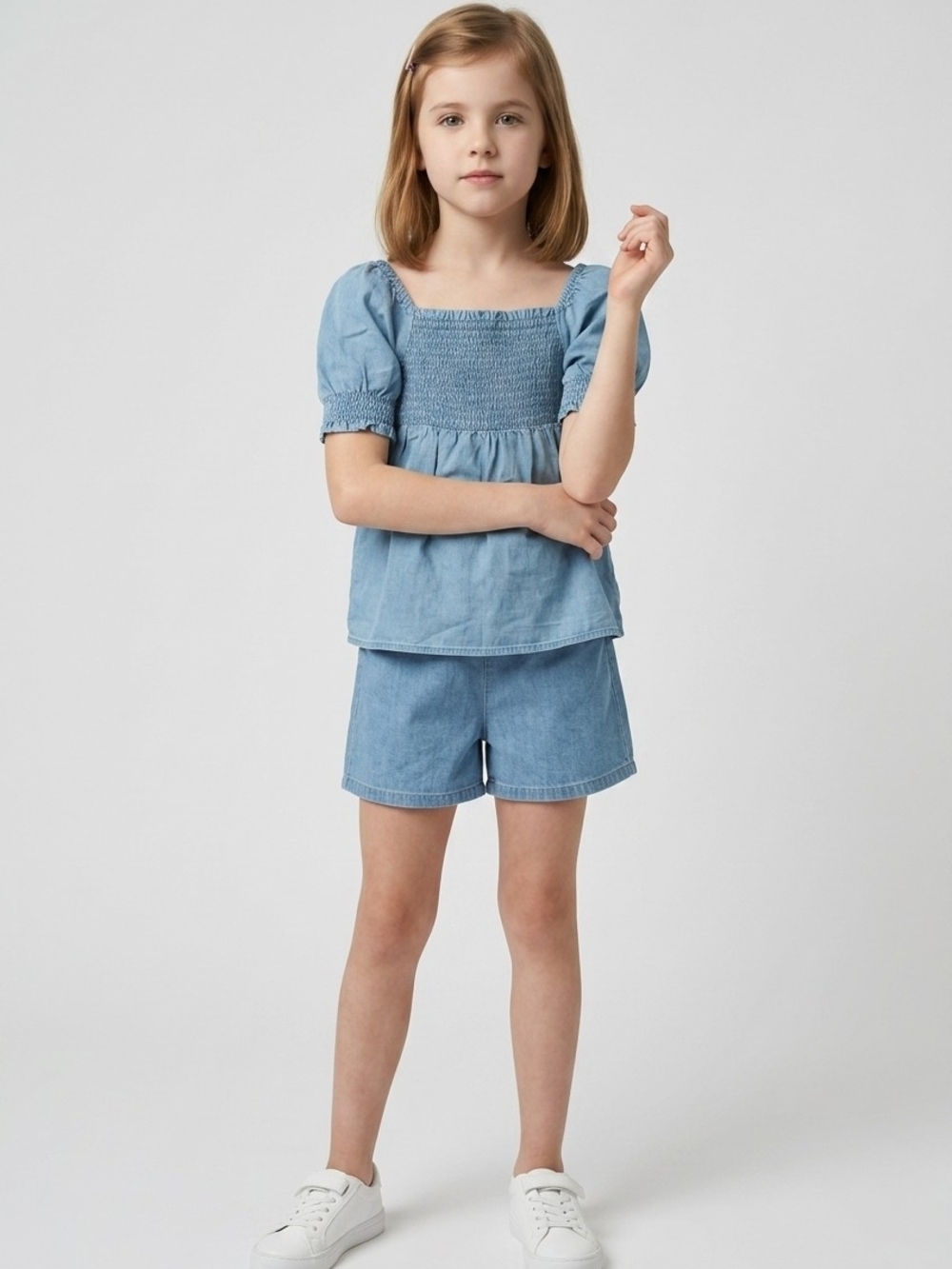 NWT Girls' Light Wash Chambray Gathered Baby Doll Top SZ XXS 4/5